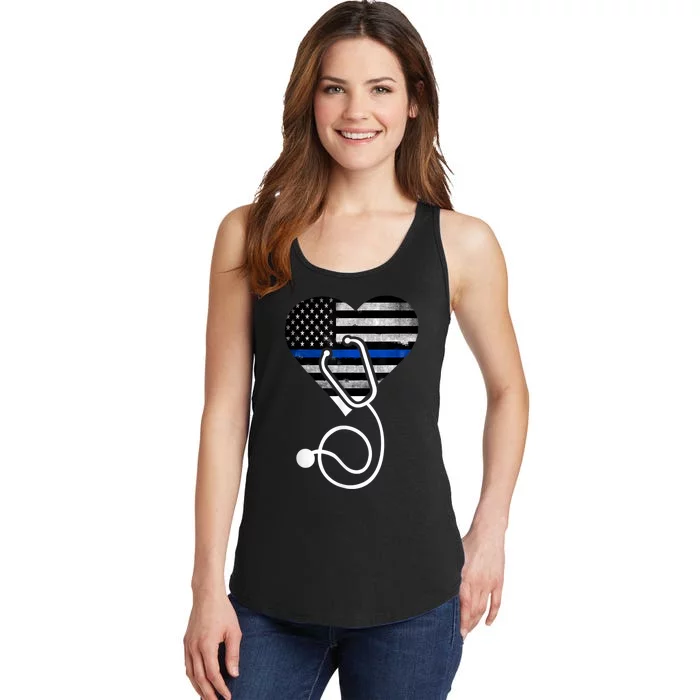 American Flag Heart with Police Thin Blue Line Nurse RN LVN Ladies Essential Tank