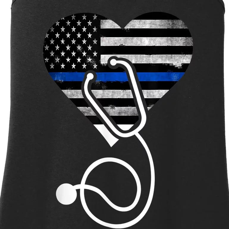 American Flag Heart with Police Thin Blue Line Nurse RN LVN Ladies Essential Tank