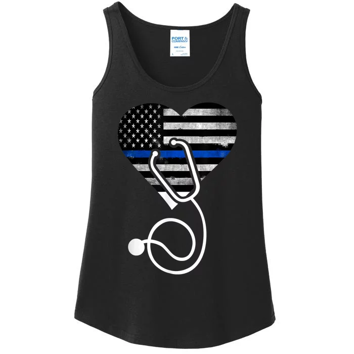 American Flag Heart with Police Thin Blue Line Nurse RN LVN Ladies Essential Tank