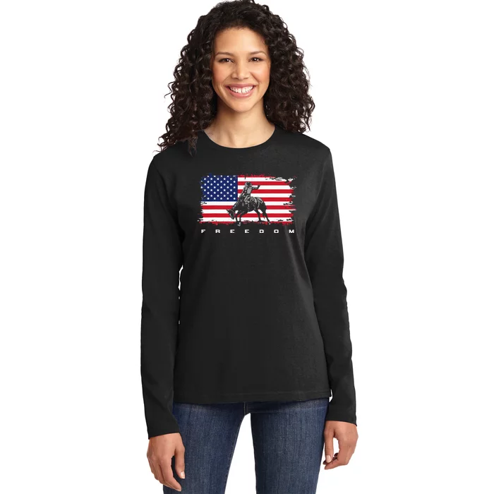 American Flag Horse Riding Rodeo Ladies Long Sleeve Shirt