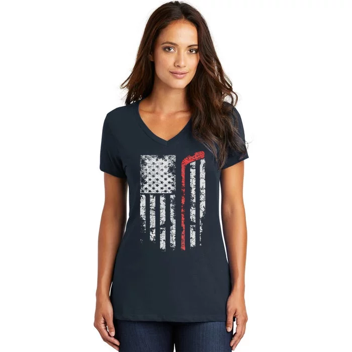 American Flag Hockey Team Gift Hockey Dad Mom Women's V-Neck T-Shirt