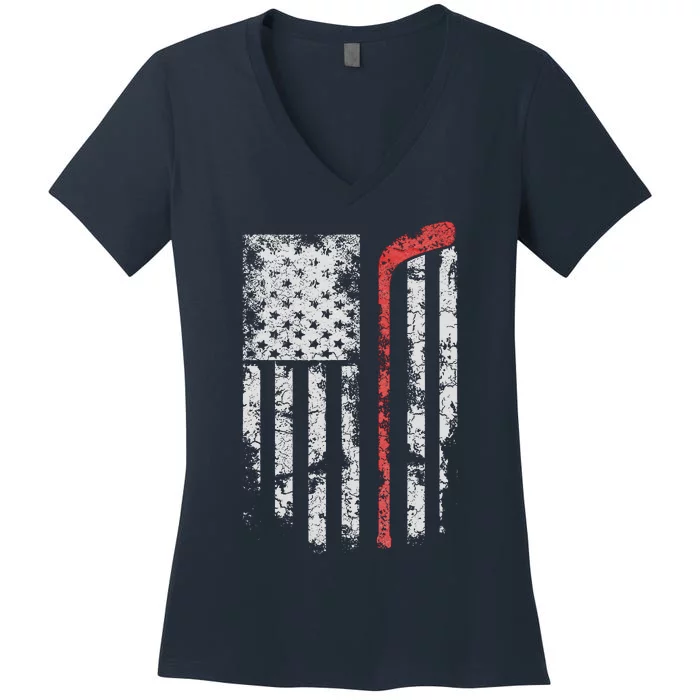 American Flag Hockey Team Gift Hockey Dad Mom Women's V-Neck T-Shirt