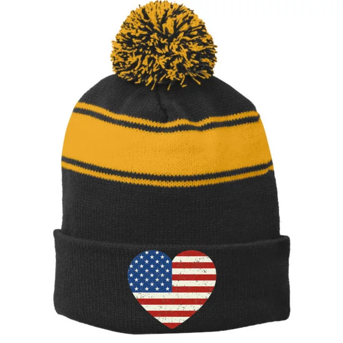 American Flag Heart 4th of July Patriotic Stripe Pom Pom Beanie