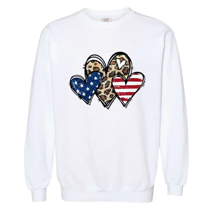 American Flag Hearts Leopard 4th of July Patriotic Garment-Dyed Sweatshirt