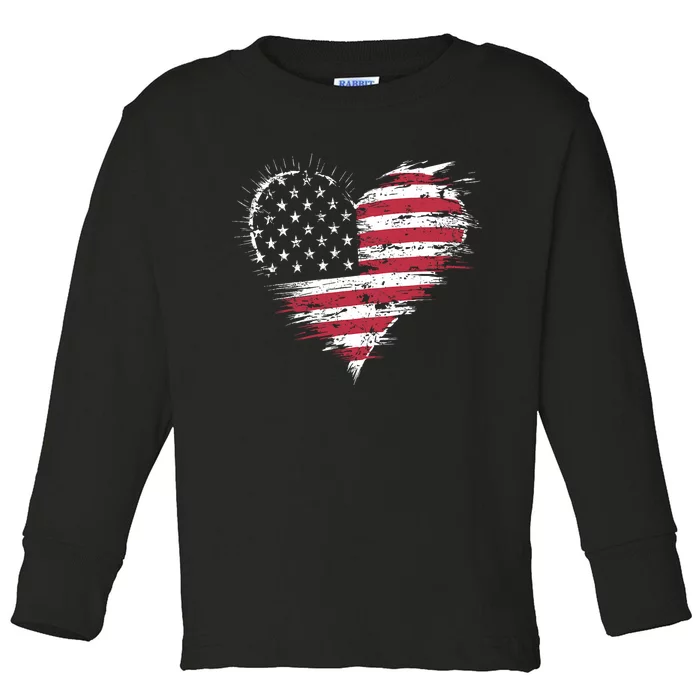 American Flag Heart 4th Of July Patriotic Usa Toddler Long Sleeve Shirt