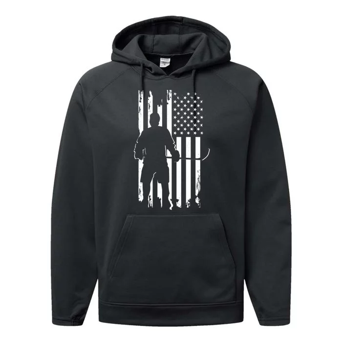 American Flag Hockey Apparel Gift Hockey Gift Performance Fleece Hoodie