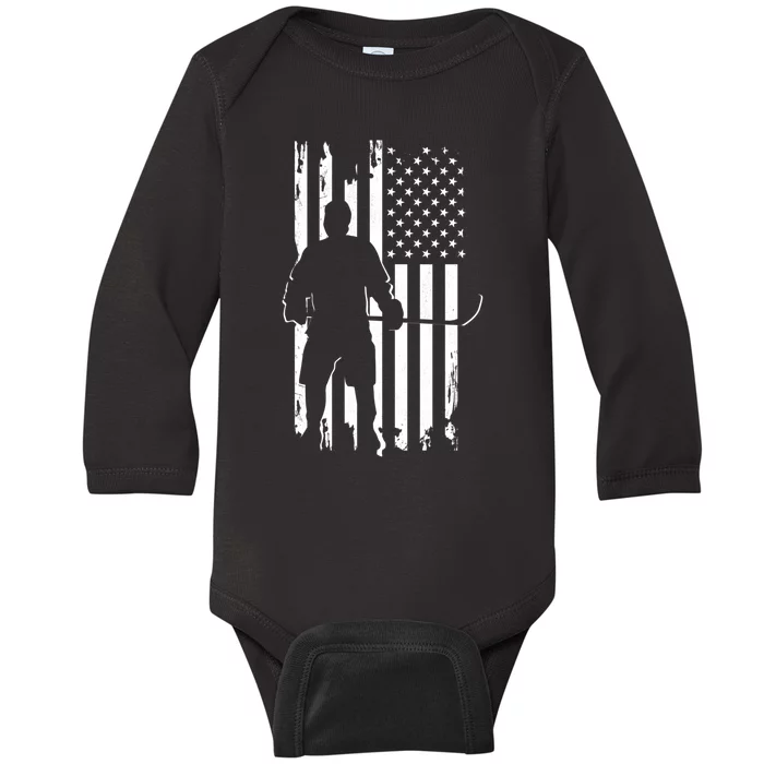 American Flag Hockey Apparel Gift Hockey Gift Baby Long Sleeve Bodysuit