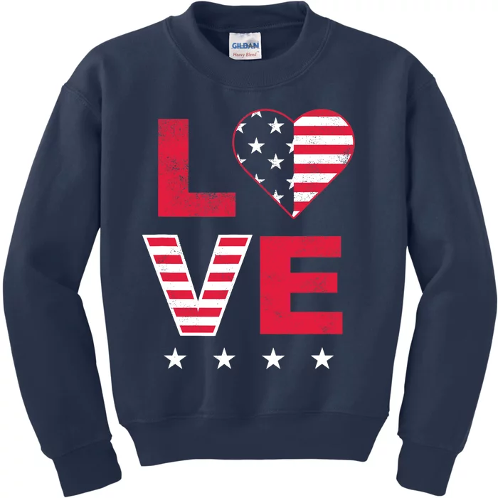 American Flag Heart Red White Blue Cute 4th of July Top Kids Sweatshirt