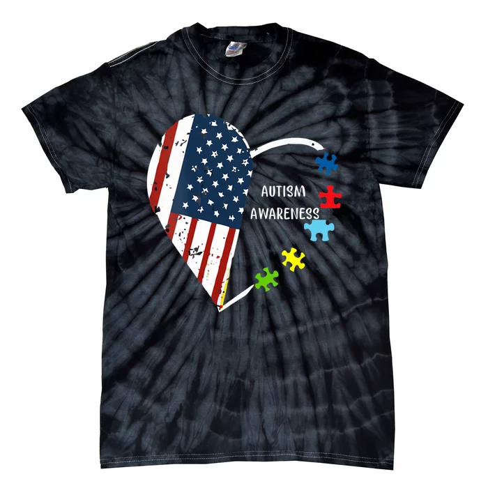 American Flag Heart Autism Awareness Tie-Dye T-Shirt