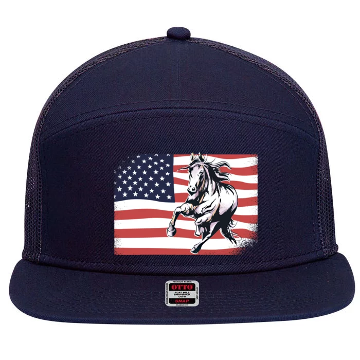 American Flag Horse 4th Of July Patrioticic Meaningful Gift 7 Panel Mesh Trucker Snapback Hat