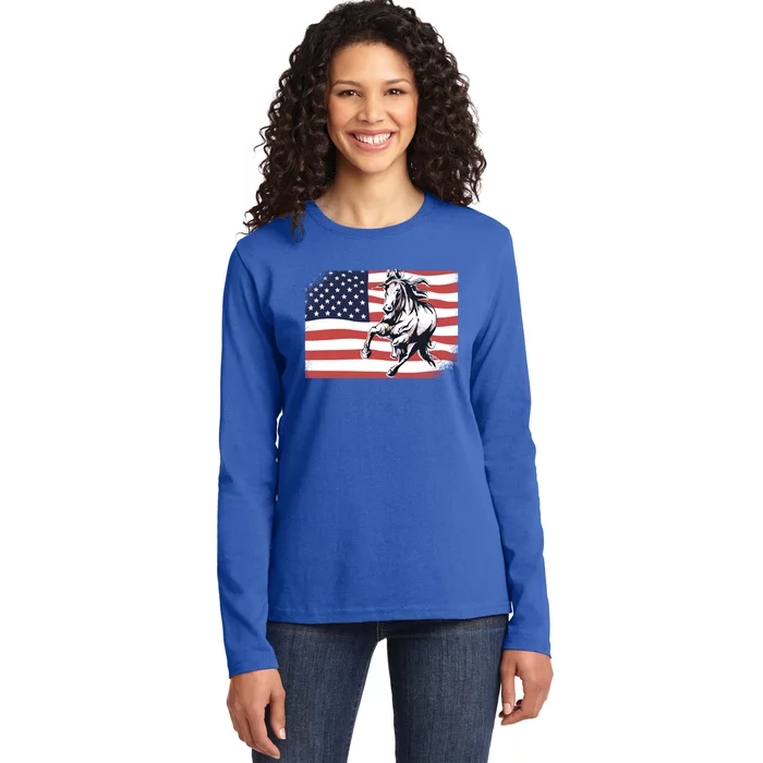 American Flag Horse 4th Of July Patrioticic Gift Ladies Long Sleeve Shirt