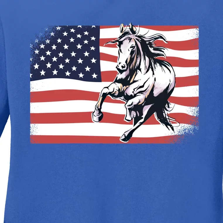 American Flag Horse 4th Of July Patrioticic Gift Ladies Long Sleeve Shirt