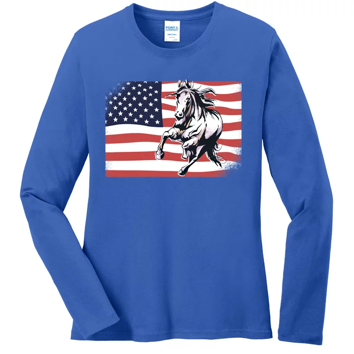 American Flag Horse 4th Of July Patrioticic Gift Ladies Long Sleeve Shirt