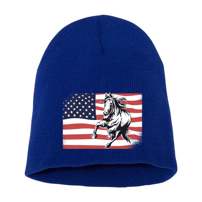 American Flag Horse 4th Of July Patrioticic Gift Short Acrylic Beanie