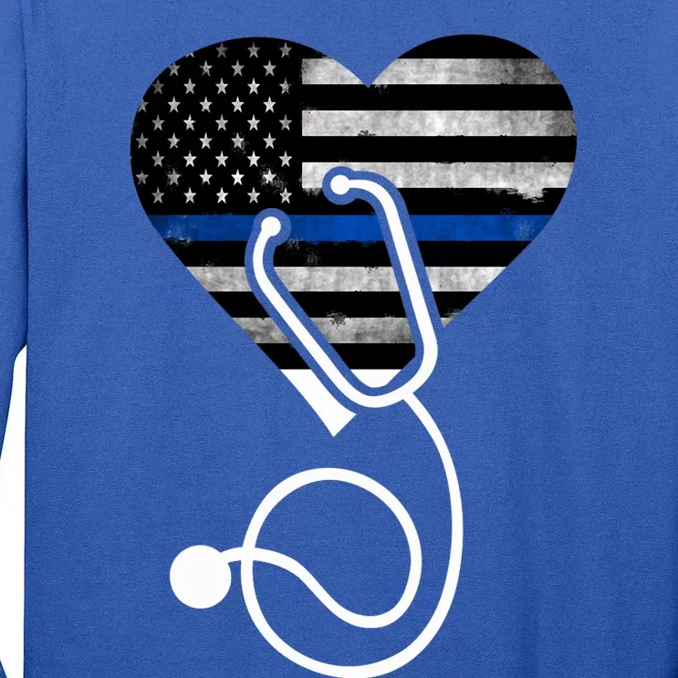 American Flag Heart With Police Thin Blue Line Nurse Rn Lvn Tall Long Sleeve T-Shirt