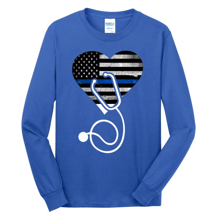 American Flag Heart With Police Thin Blue Line Nurse Rn Lvn Tall Long Sleeve T-Shirt