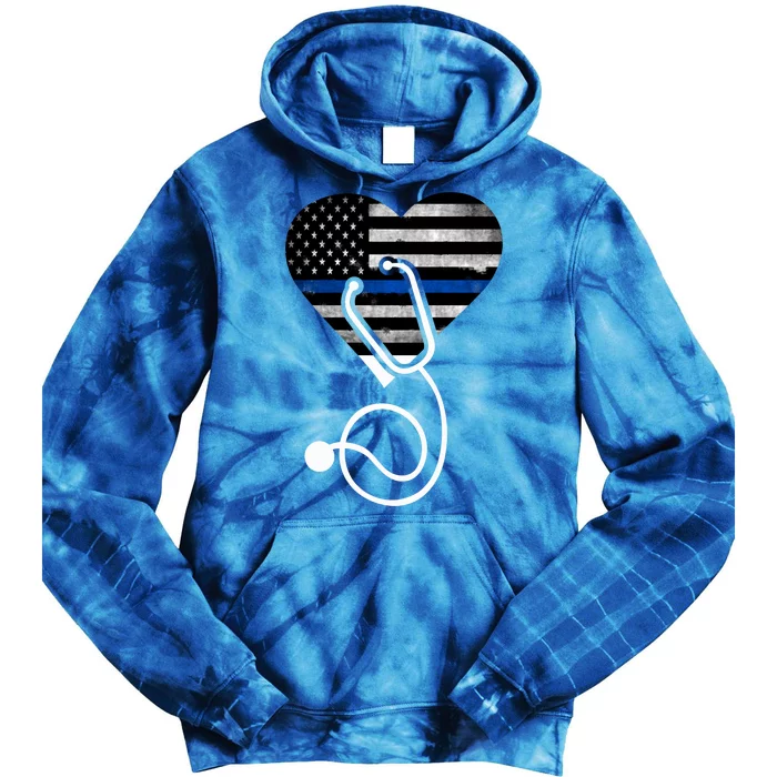 American Flag Heart With Police Thin Blue Line Nurse Rn Lvn Tie Dye Hoodie