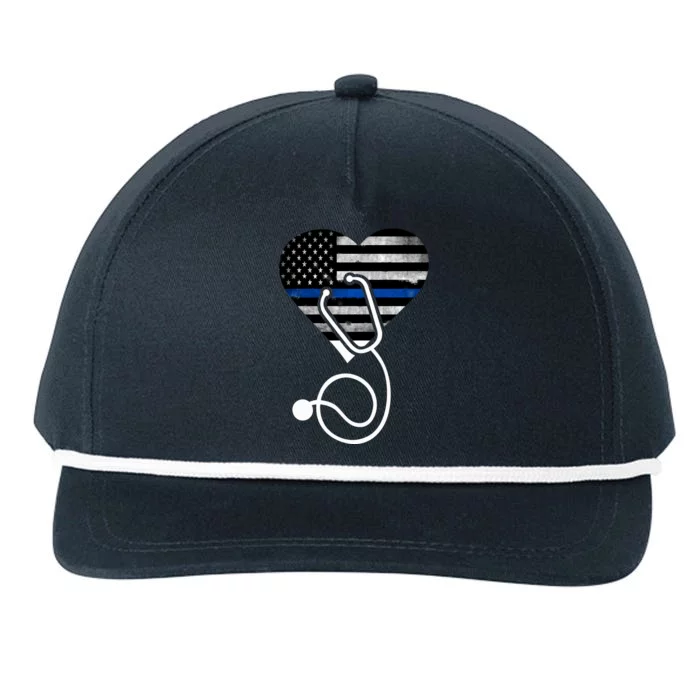 American Flag Heart With Police Thin Blue Line Nurse Rn Lvn Snapback Five-Panel Rope Hat