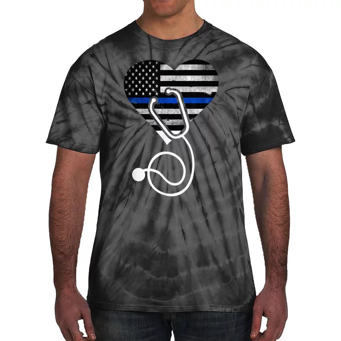 American Flag Heart with Police Thin Blue Line Nurse RN LVN Tie-Dye T-Shirt