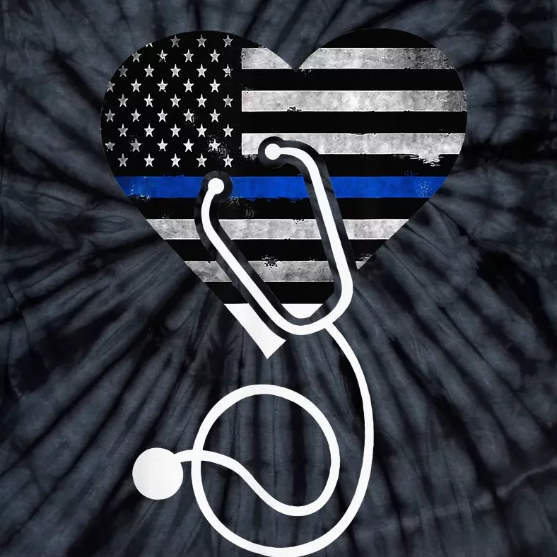 American Flag Heart with Police Thin Blue Line Nurse RN LVN Tie-Dye T-Shirt