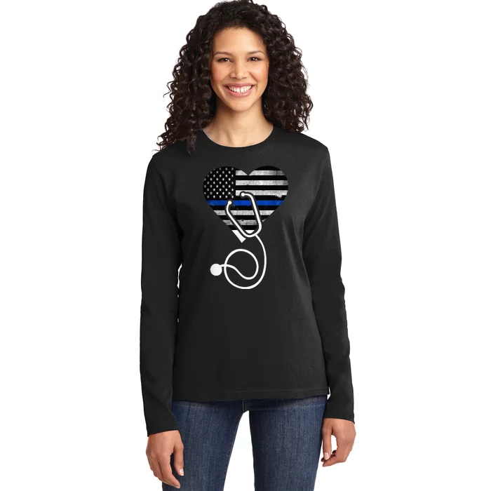 American Flag Heart with Police Thin Blue Line Nurse RN LVN Ladies Long Sleeve Shirt