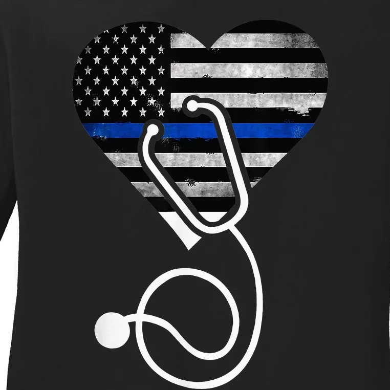 American Flag Heart with Police Thin Blue Line Nurse RN LVN Ladies Long Sleeve Shirt