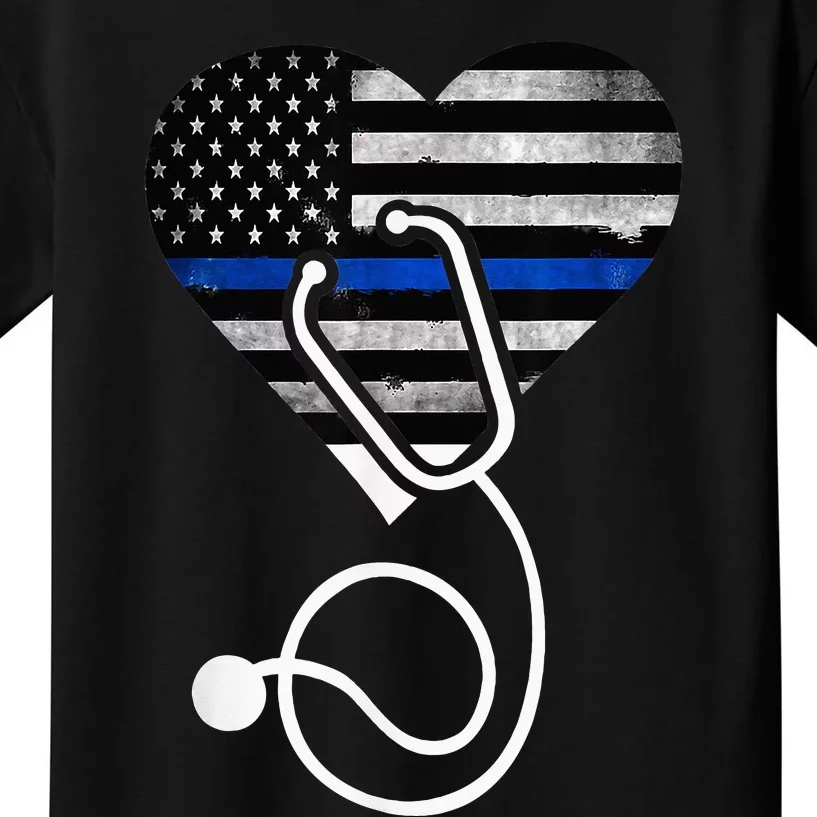 American Flag Heart with Police Thin Blue Line Nurse RN LVN Kids T-Shirt