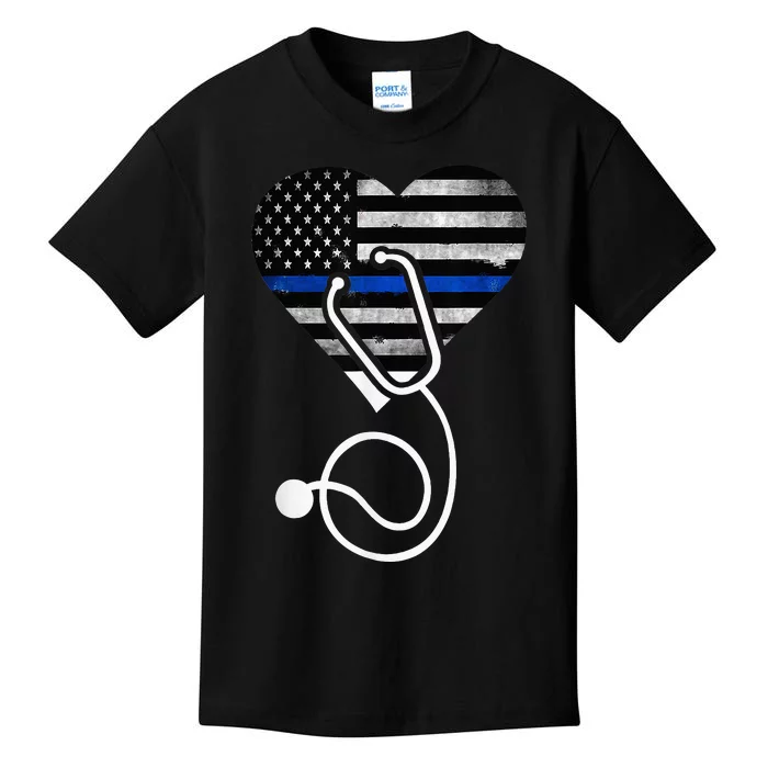 American Flag Heart with Police Thin Blue Line Nurse RN LVN Kids T-Shirt