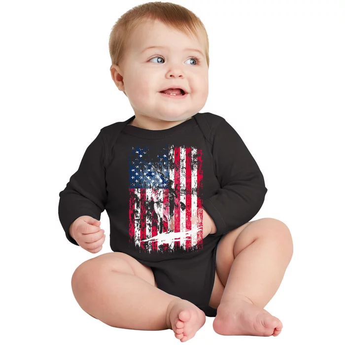 American Flag Howling Wolf Distressed Vintage Flag Baby Long Sleeve Bodysuit