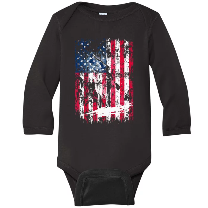 American Flag Howling Wolf Distressed Vintage Flag Baby Long Sleeve Bodysuit