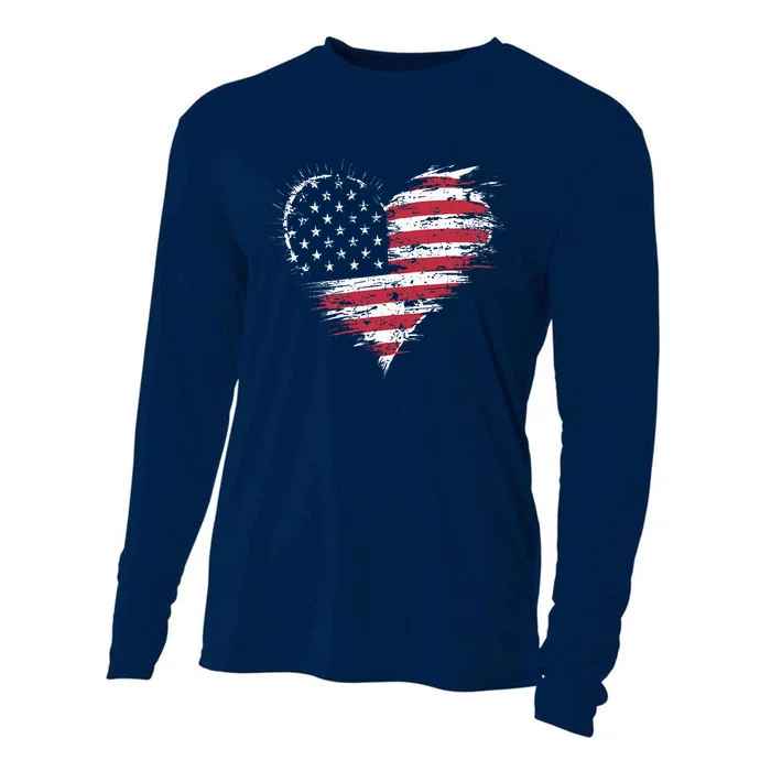 American Flag Heart Patriotic Cooling Performance Long Sleeve Crew