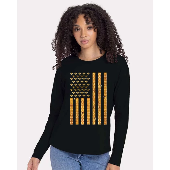 American Flag Honeycomb Honey Bees Beekeeping Beekeeper Gift Womens Cotton Relaxed Long Sleeve T-Shirt