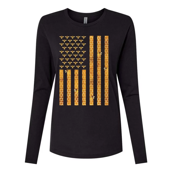 American Flag Honeycomb Honey Bees Beekeeping Beekeeper Gift Womens Cotton Relaxed Long Sleeve T-Shirt