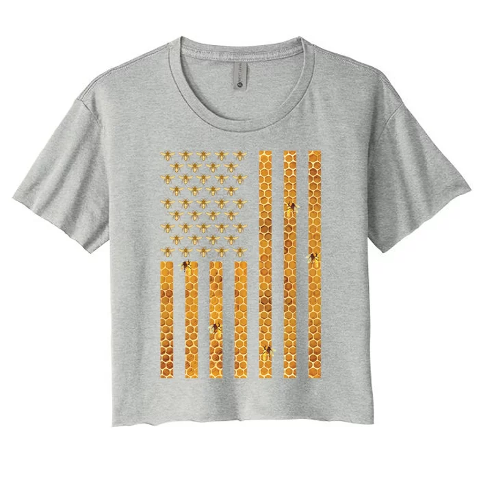 American Flag Honeycomb Honey Bees Beekeeping Beekeeper Gift Women's Crop Top Tee