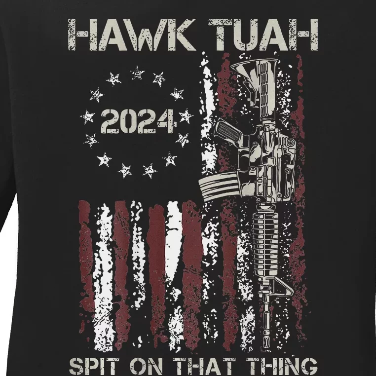 American Flag Hawk Tuah 24 Spit On That Thang Ladies Long Sleeve Shirt