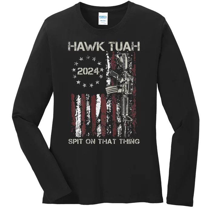 American Flag Hawk Tuah 24 Spit On That Thang Ladies Long Sleeve Shirt