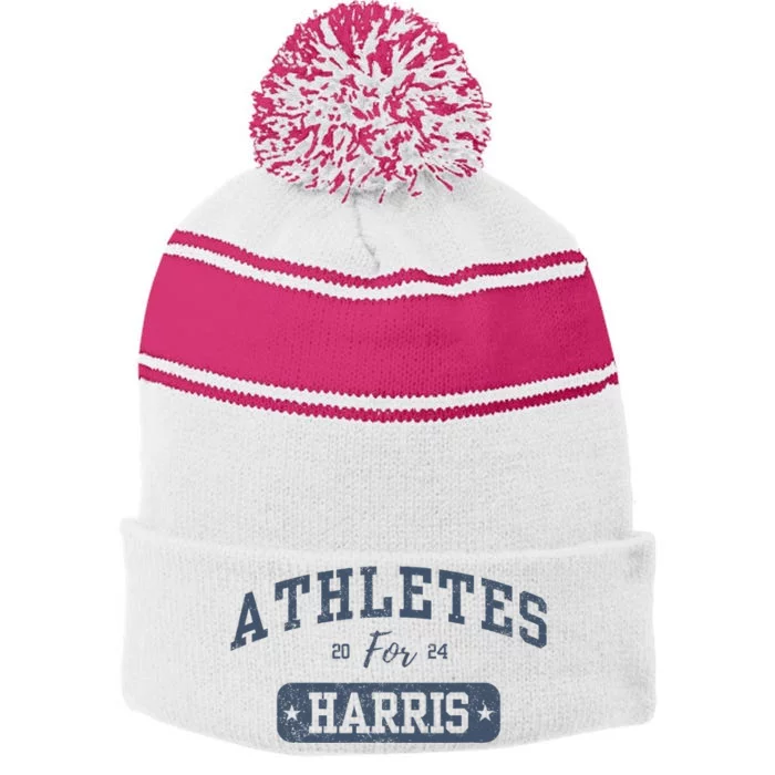 Athletes For Harris 2024 Kamala Harris Walz Waltz 2024 Stripe Pom Pom Beanie