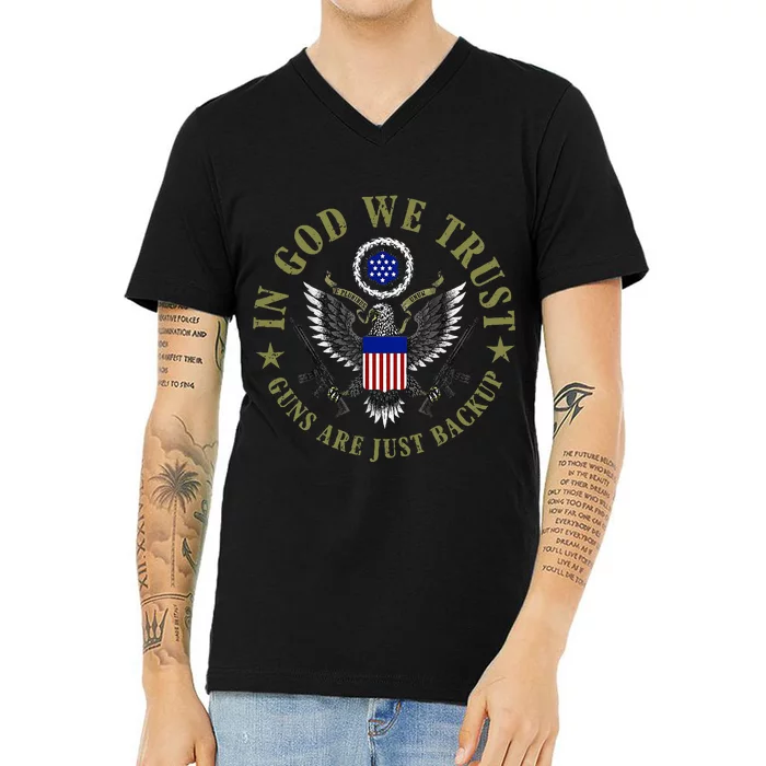 American Flag In God We Trust Guns Are Just Backup V-Neck T-Shirt