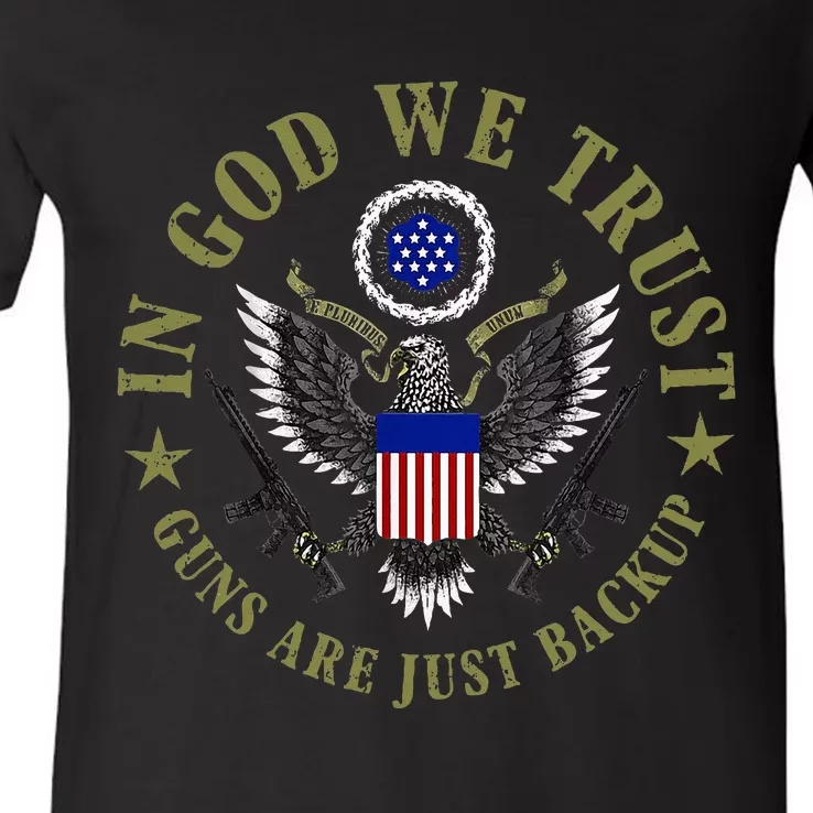 American Flag In God We Trust Guns Are Just Backup V-Neck T-Shirt