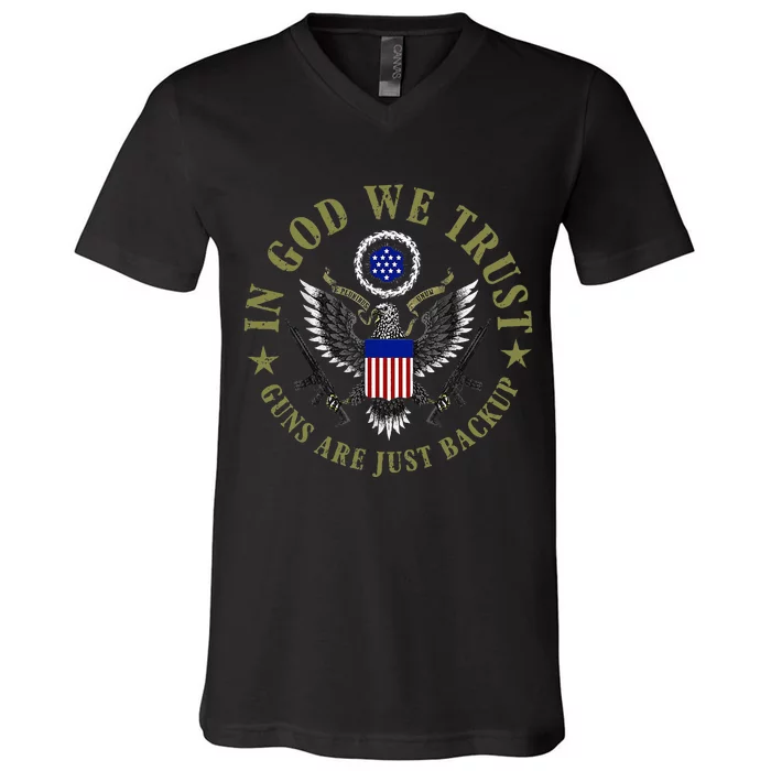 American Flag In God We Trust Guns Are Just Backup V-Neck T-Shirt