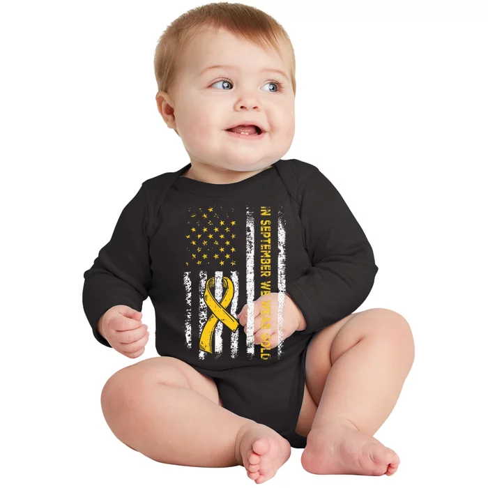 American Flag In September We Wear Gold Childhood Cancer Baby Long Sleeve Bodysuit