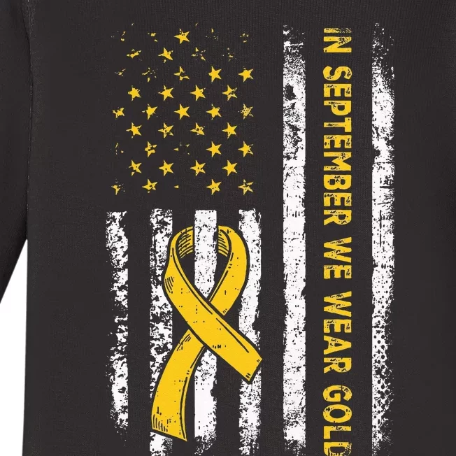 American Flag In September We Wear Gold Childhood Cancer Baby Long Sleeve Bodysuit