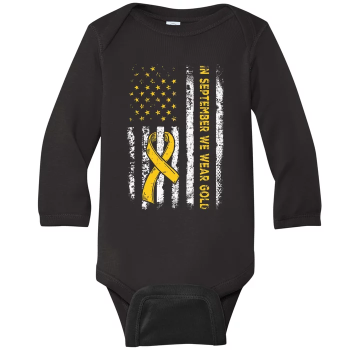 American Flag In September We Wear Gold Childhood Cancer Baby Long Sleeve Bodysuit