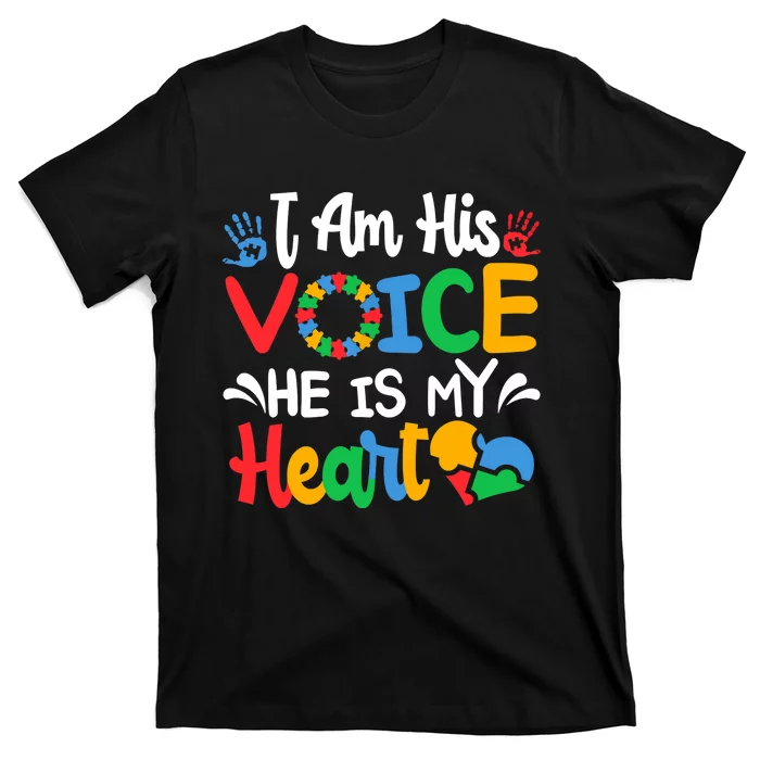 Autism Fathering I am His Voice He Is My Heart Autism Mom T-Shirt