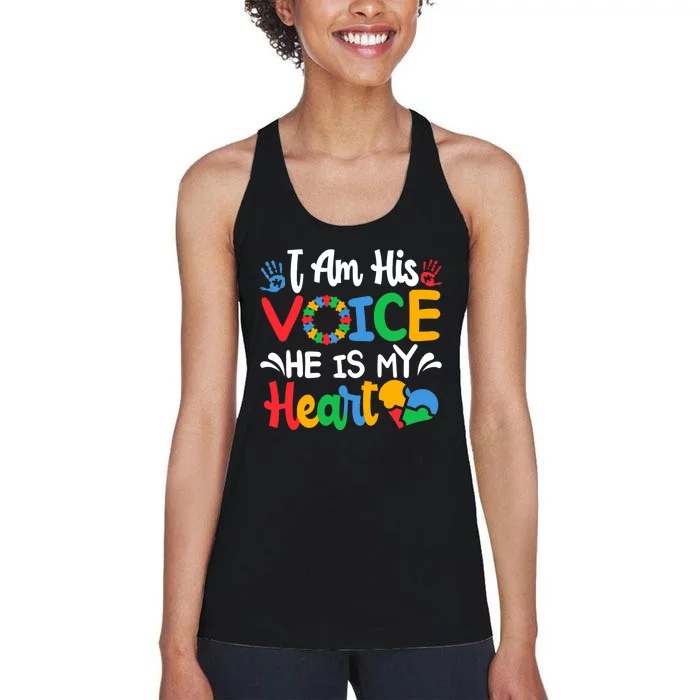 Autism Fathering I am His Voice He Is My Heart Autism Mom Women's Racerback Tank