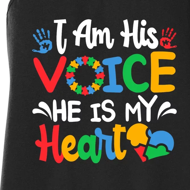 Autism Fathering I am His Voice He Is My Heart Autism Mom Women's Racerback Tank