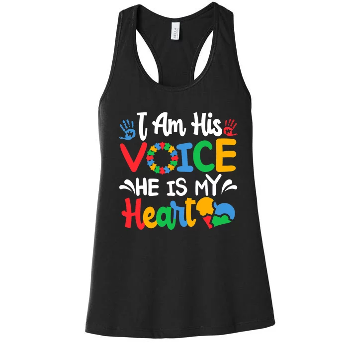 Autism Fathering I am His Voice He Is My Heart Autism Mom Women's Racerback Tank