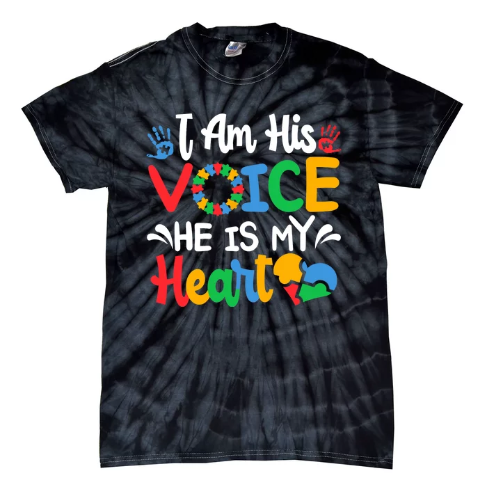 Autism Fathering I am His Voice He Is My Heart Autism Mom Tie-Dye T-Shirt