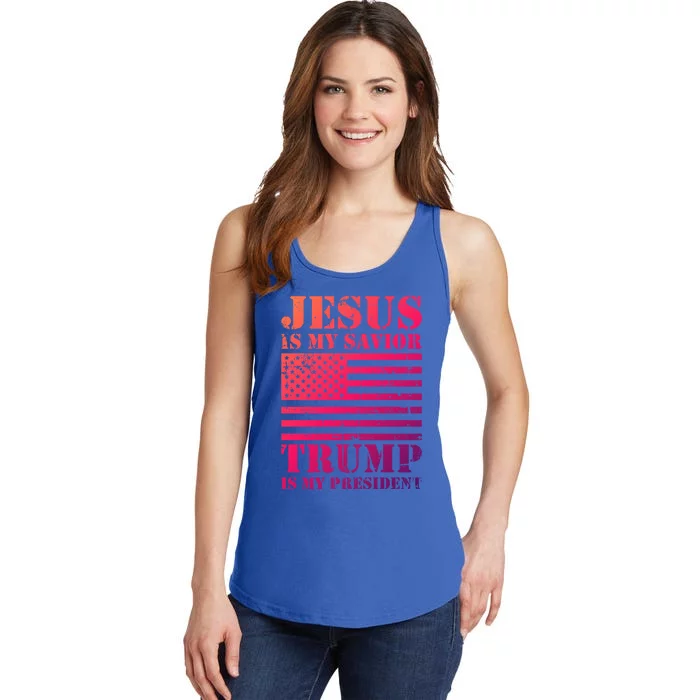 American Flag Jesus Is My Savior Trump Is My President Gift Ladies Essential Tank