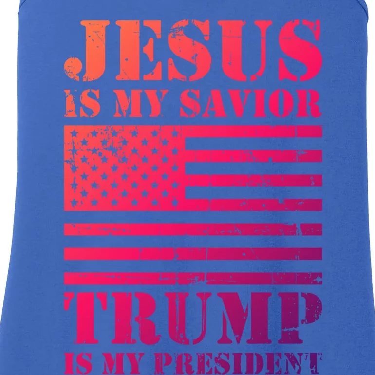 American Flag Jesus Is My Savior Trump Is My President Gift Ladies Essential Tank